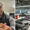 Salesman shares job experience (l) inside car dealership (r)