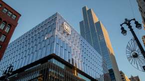 The new General Motors' headquarters on Woodward avenue in Detroit, the Hudson building visible in the background.