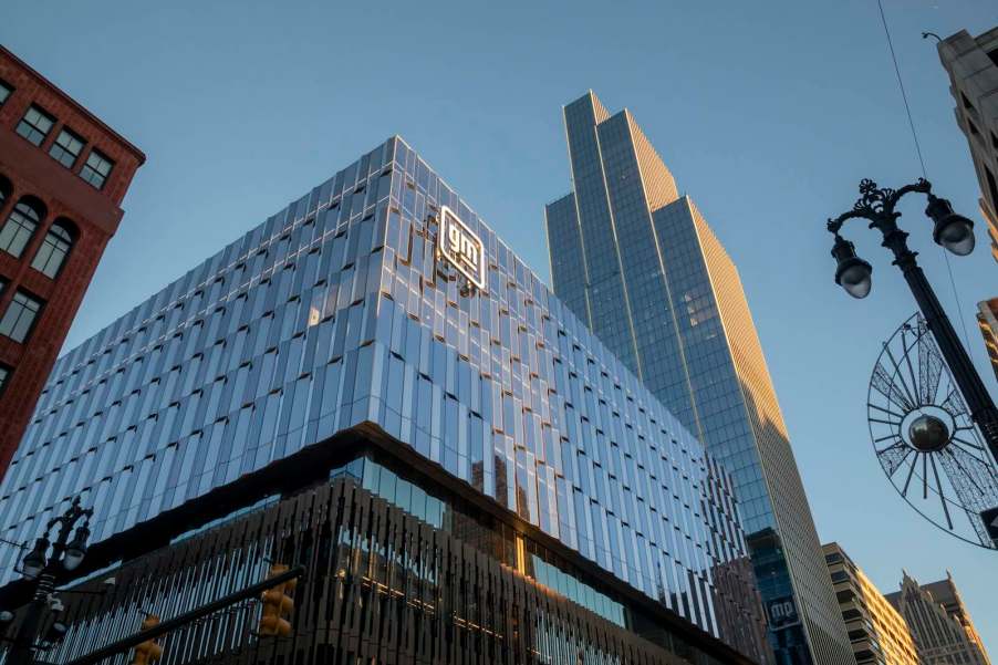 The new General Motors' headquarters on Woodward avenue in Detroit, the Hudson building visible in the background.