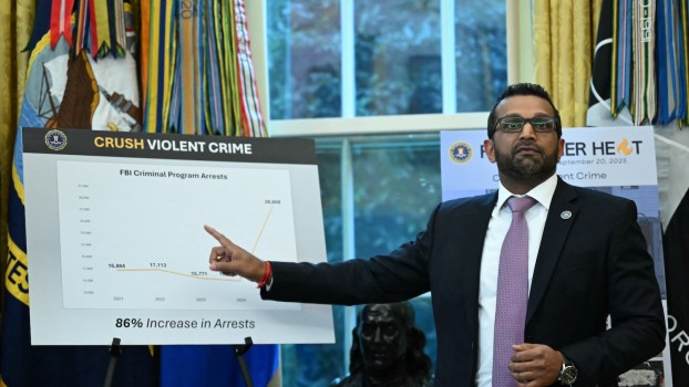 Kash Patel in front of charts