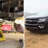 Mechanic puts car on jack stand (l) Chevy Colorado (r)