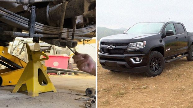 Mechanic puts car on jack stand (l) Chevy Colorado (r)