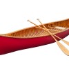 Bright red canoe with two wooden paddles leaned against it.