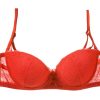 Red lace bra on a white background.