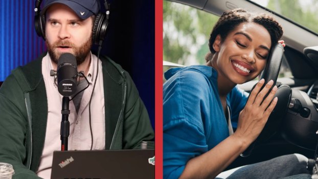 Expert car reviewer discusses Toyota Corolla (L), woman hugs her steering wheel.