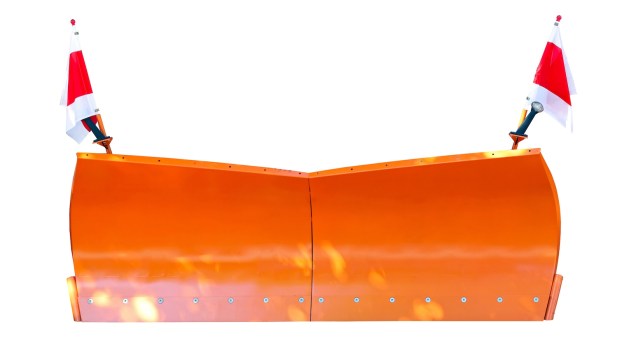Bright orange snowplow blade on a white background.