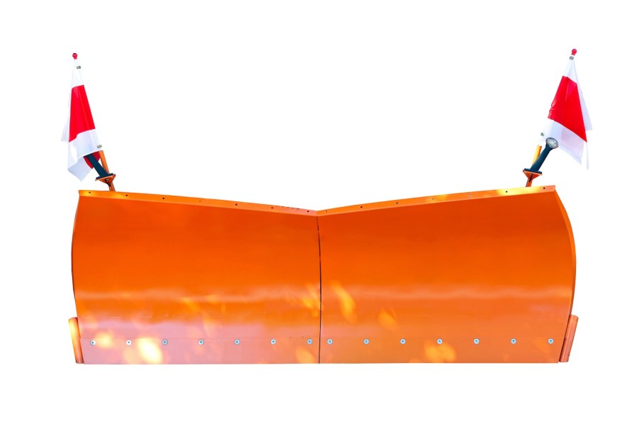 Bright orange snowplow blade on a white background.