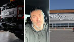 F-150 ford raptor (l) man shares parking lot issues (c) Kroger storefront (r)