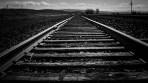 Closeup of steel train tracks.