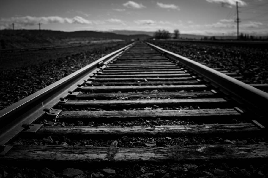Closeup of steel train tracks.
