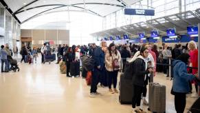 Row of travelers wait in line at the Detroit airport ticket counter.