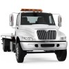 Render of an unmarked white flatbed tow truck on a white background.