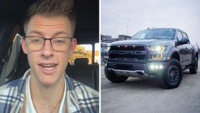 Man inside of his ford pickup truck(l) Black Ford F-150 parked outdoors(r)
