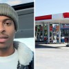 Close up of man inside of his car(l) View of gas station and store(r)