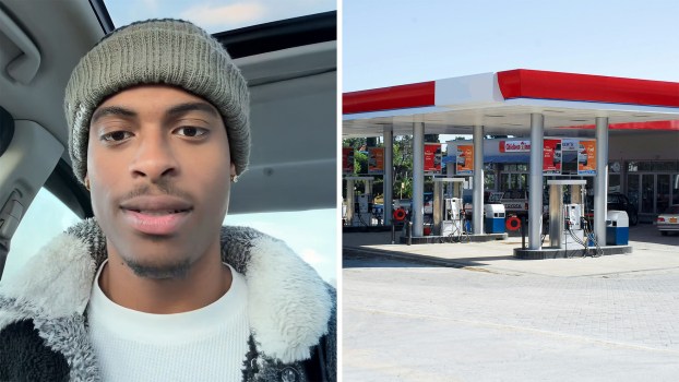 Close up of man inside of his car(l) View of gas station and store(r)