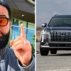 Car salesman in front of Hyundai Dealership(l) Hyundai Palisade driving through curved road(r)