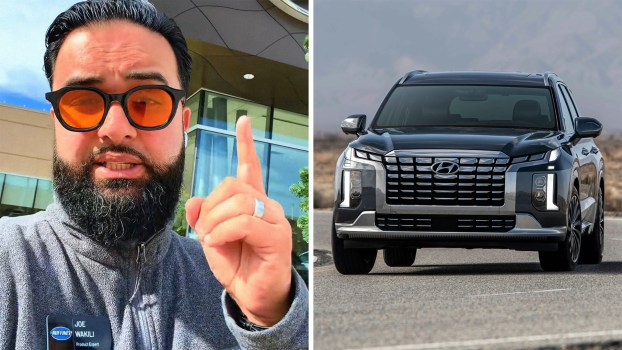 Car salesman in front of Hyundai Dealership(l) Hyundai Palisade driving through curved road(r)