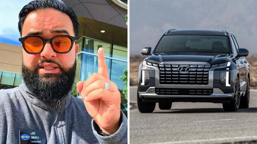 Car salesman in front of Hyundai Dealership(l) Hyundai Palisade driving through curved road(r)