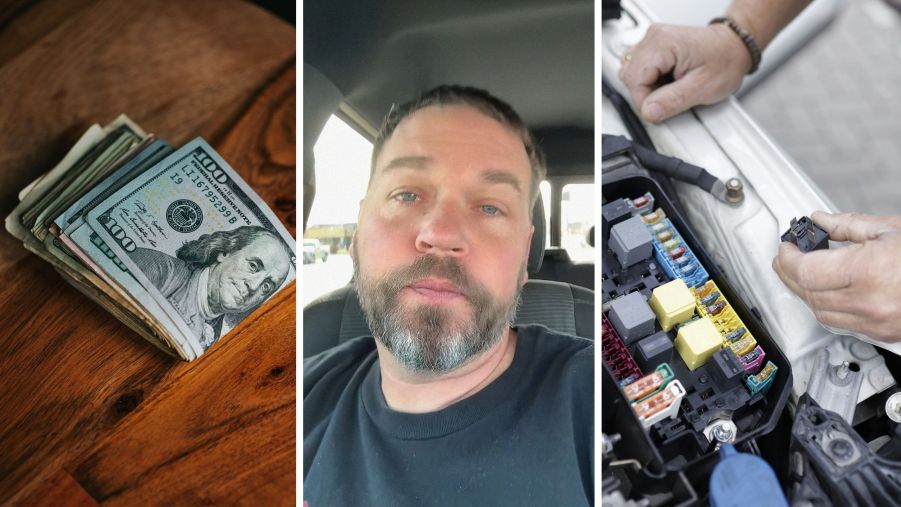 Cash payment (l) mechanic shares how she quotes and charges (c) mechanic working on vehicle (r)