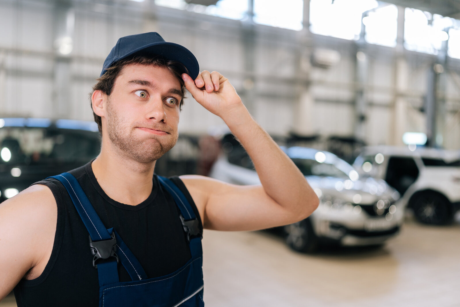 A mechanic holds his hat makes a "oops" face blowing out air