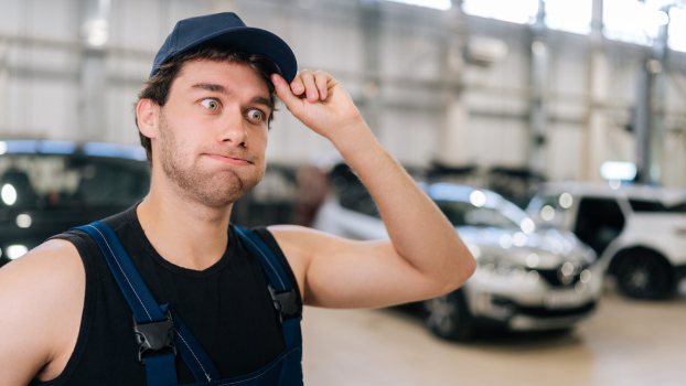 A mechanic holds his hat makes a "oops" face blowing out air