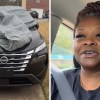 Black Nissan Rogue covered up by canvas(l) Woman sitting inside of car(r)