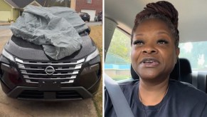 Black Nissan Rogue covered up by canvas(l) Woman sitting inside of car(r)