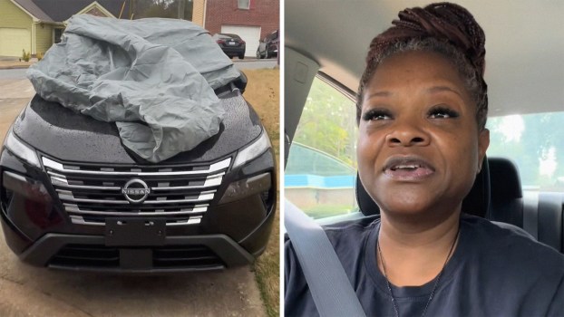 Black Nissan Rogue covered up by canvas(l) Woman sitting inside of car(r)