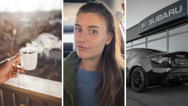 hand holding up cup with steaming coffee(l) Woman wearing green sweater inside of car(c) Subaru Vehicle in front of Dealership(r)