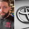 Toyota Mechanic inside of workshop(l) Close up of Toyota Emblem(r)
