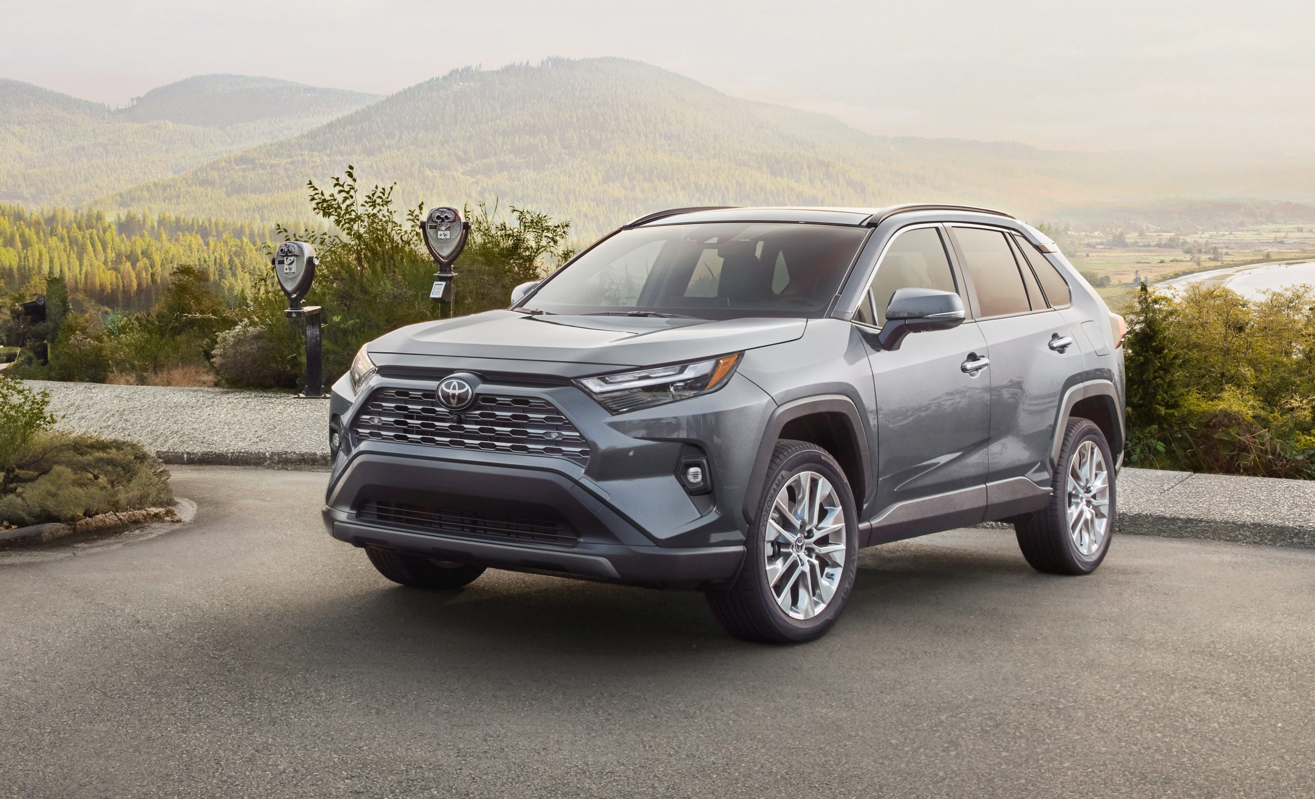 The 2025 Toyota RAV4 in front of a scenic view