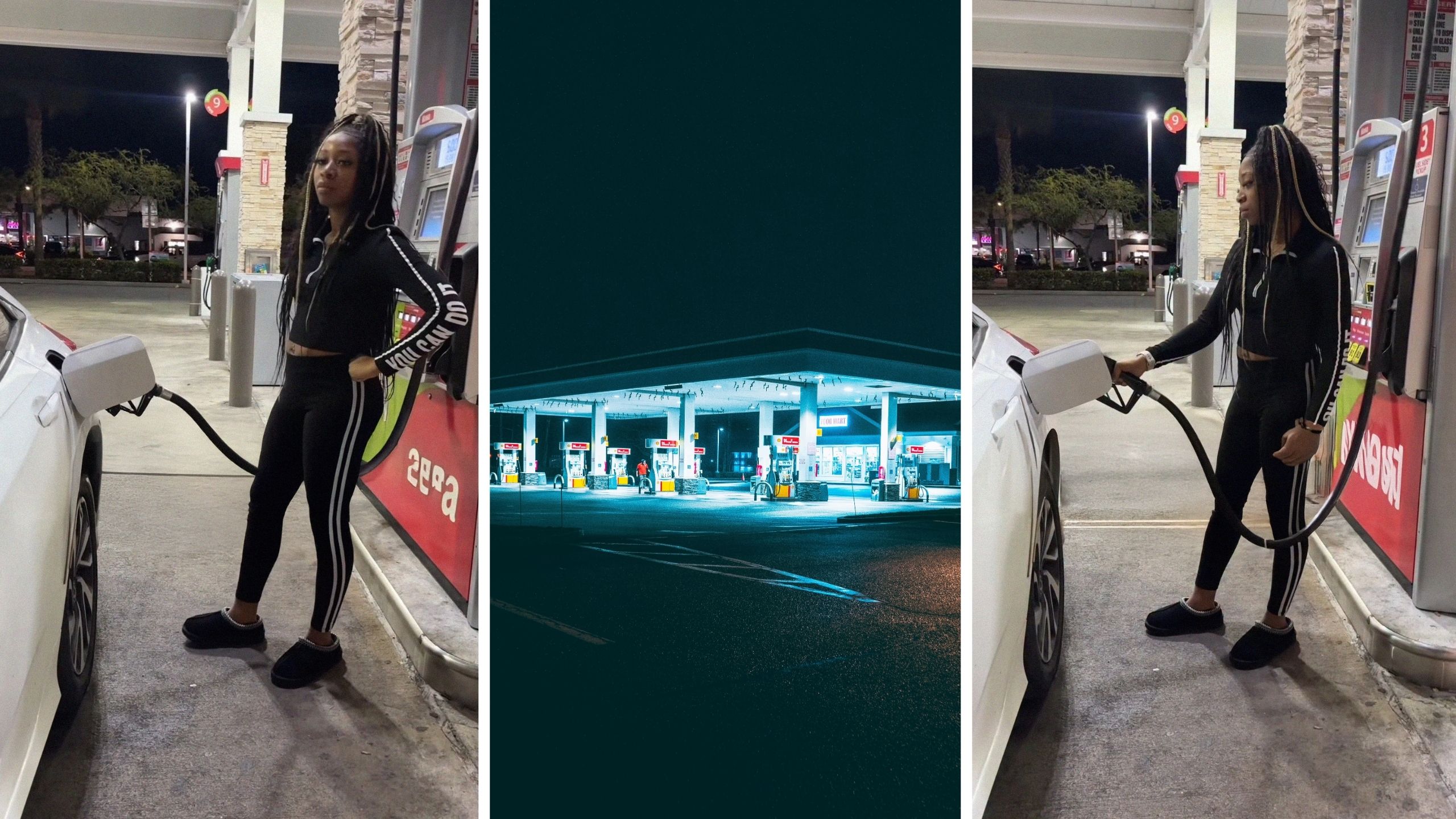 Woman at gas station (l) gas station at night (c)woman pumping gas (r)