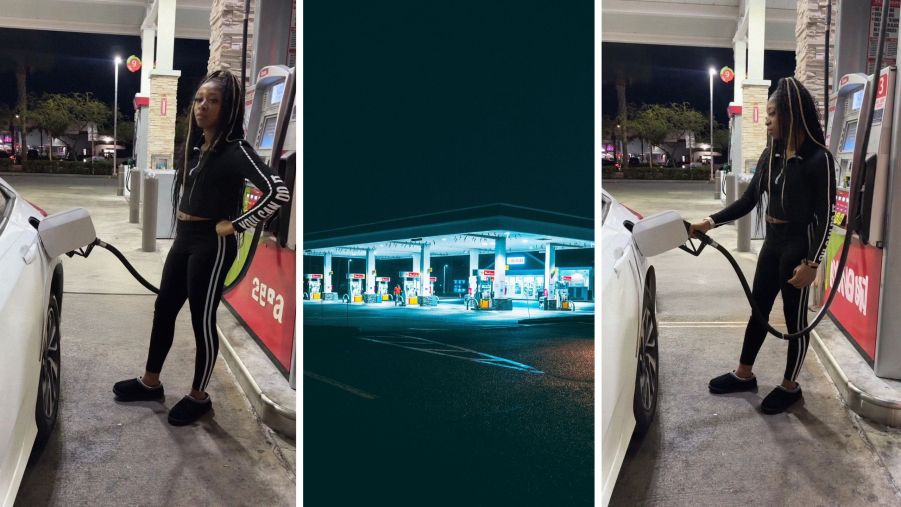 Woman at gas station (l) gas station at night (c)woman pumping gas (r)