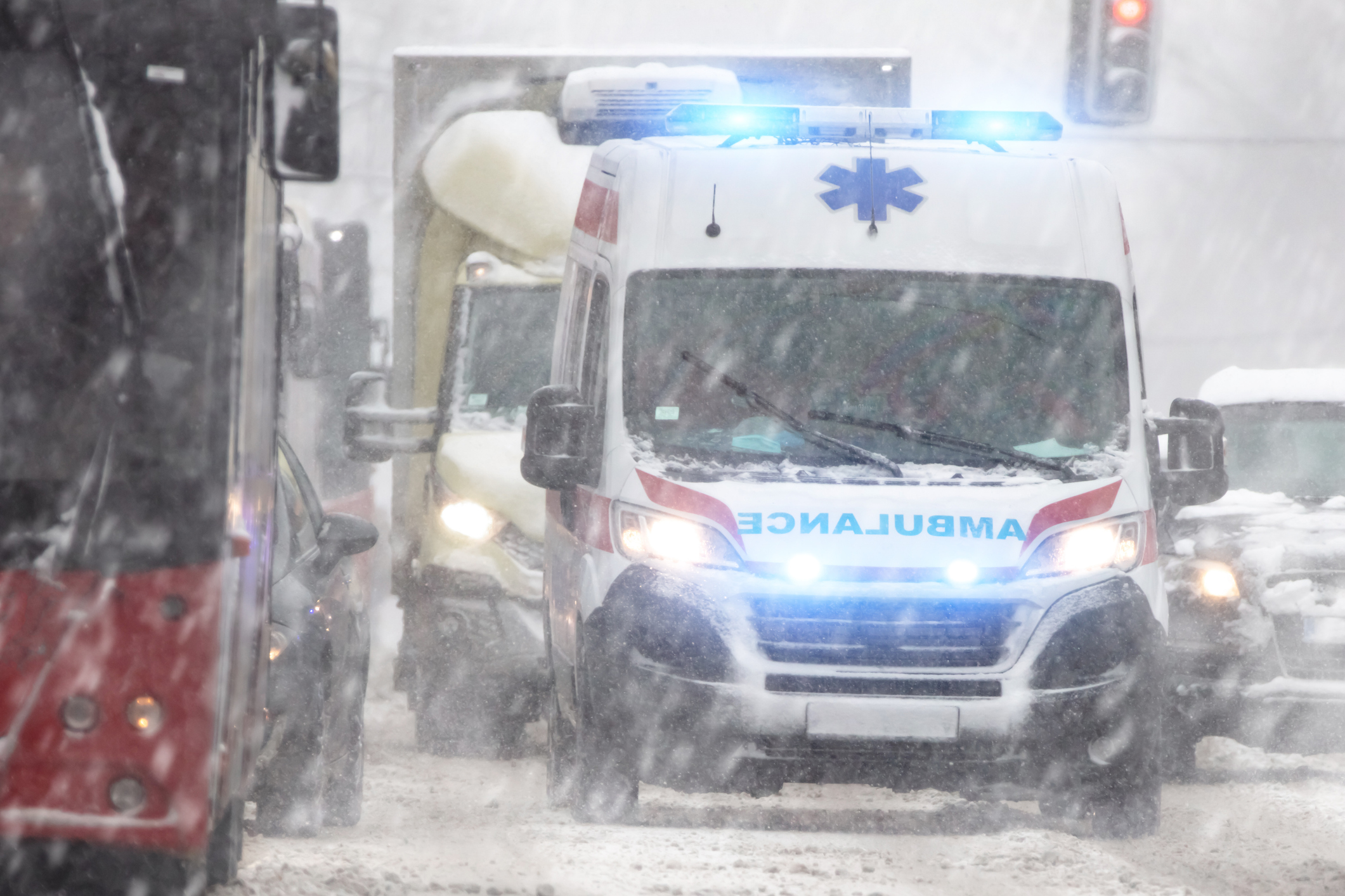 An ambulance in the snow