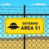 Bright yellow Area 51 cartoon sign on a chain link fence with a UFO graphic