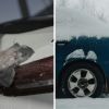 Scraping ice off from car (l) car frozen on ice (r)