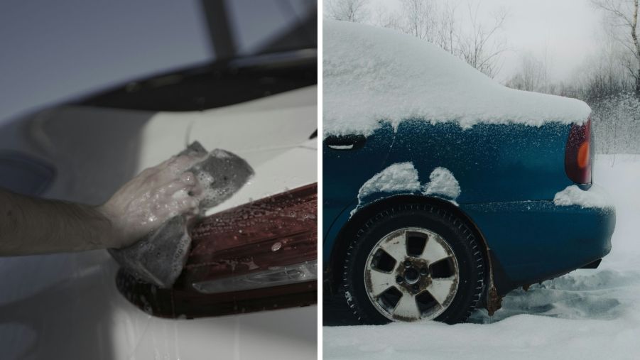 Scraping ice off from car (l) car frozen on ice (r)