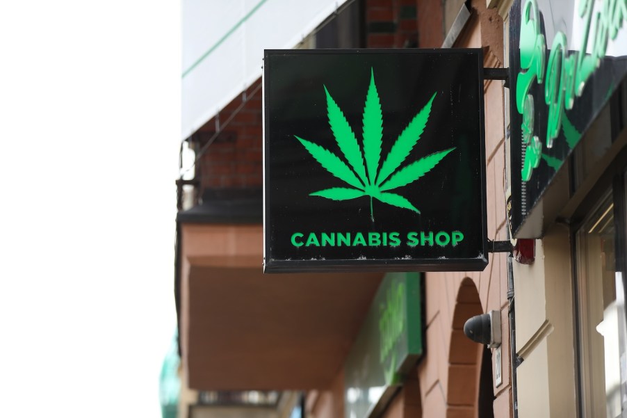 Cannabis Shop sign with a marijuana leaf hangs above a dispensary door.