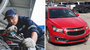 Mechanic checks car for issues (l) Red chevy cruze (r)