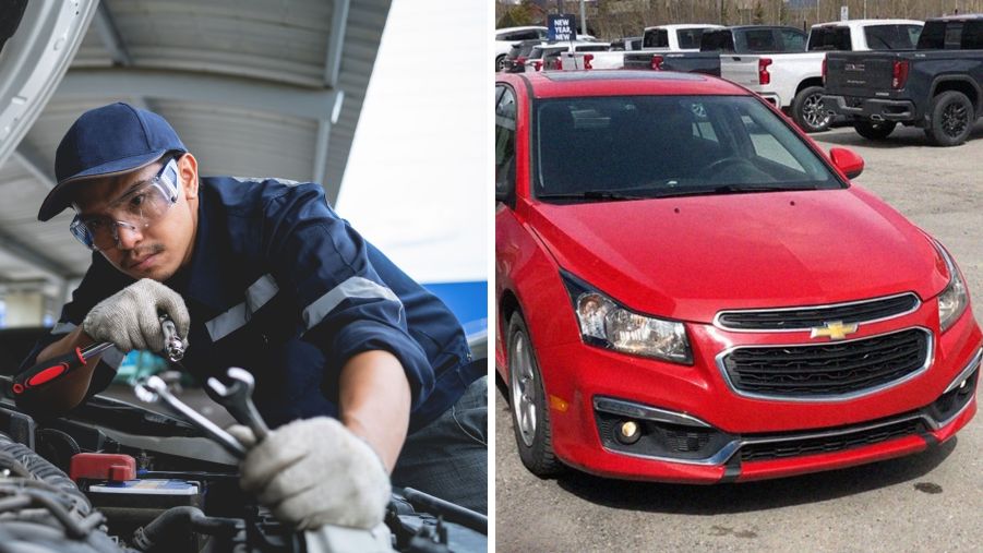 Mechanic checks car for issues (l) Red chevy cruze (r)