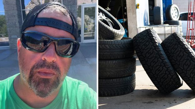Man shows new car tires (l) car tires (r)