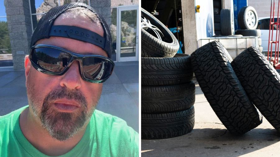 Man shows new car tires (l) car tires (r)