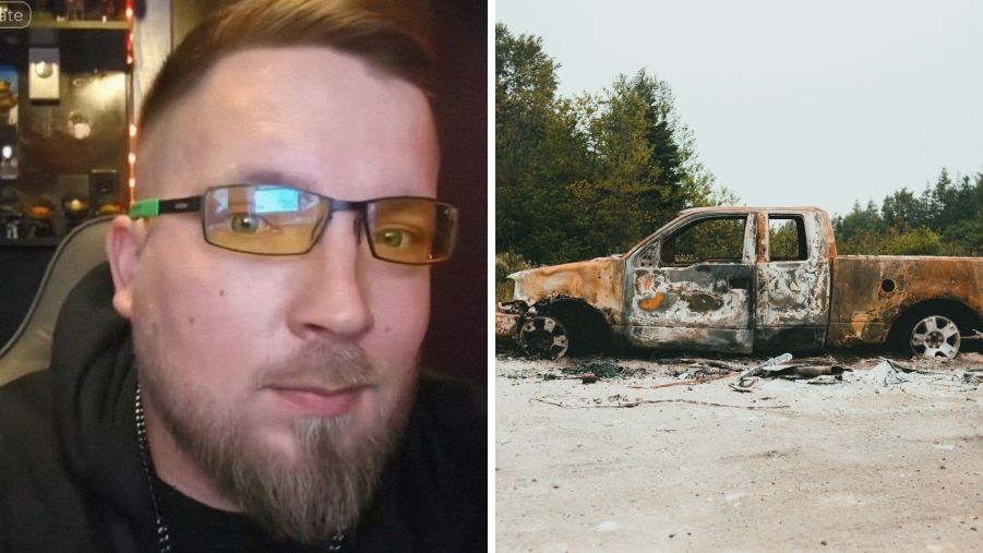 Man shares car accident he saw (l) burnt truck (r)