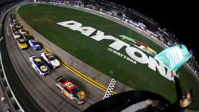 Overhead view of the NASCAR Cup cars at Daytona International Speedway in 2026