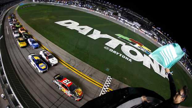 Overhead view of the NASCAR Cup cars at Daytona International Speedway in 2026