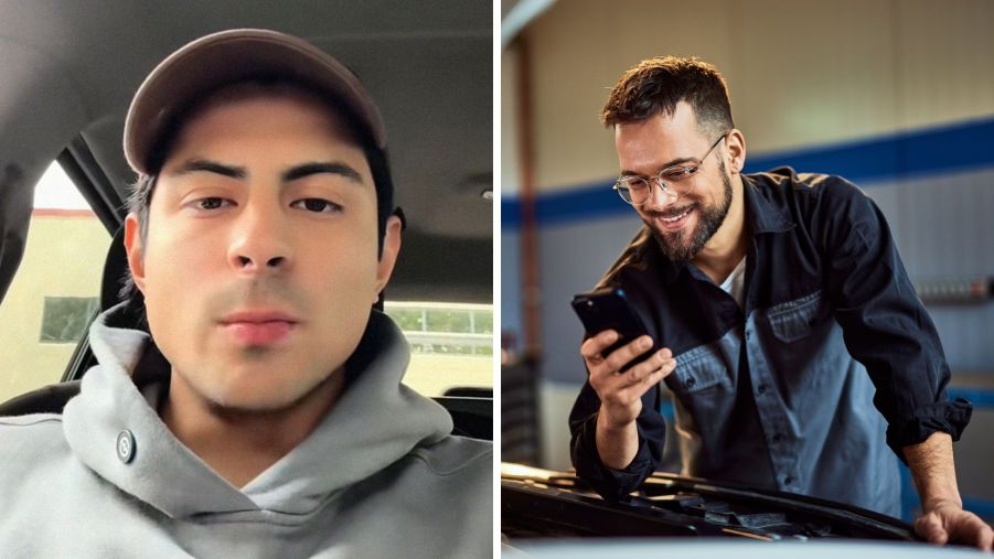 Man shares his opinion on mechanics (l) Mechanic using an app to complete job (r)