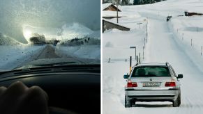 Car going 50mph (l) car in winter weather (r)