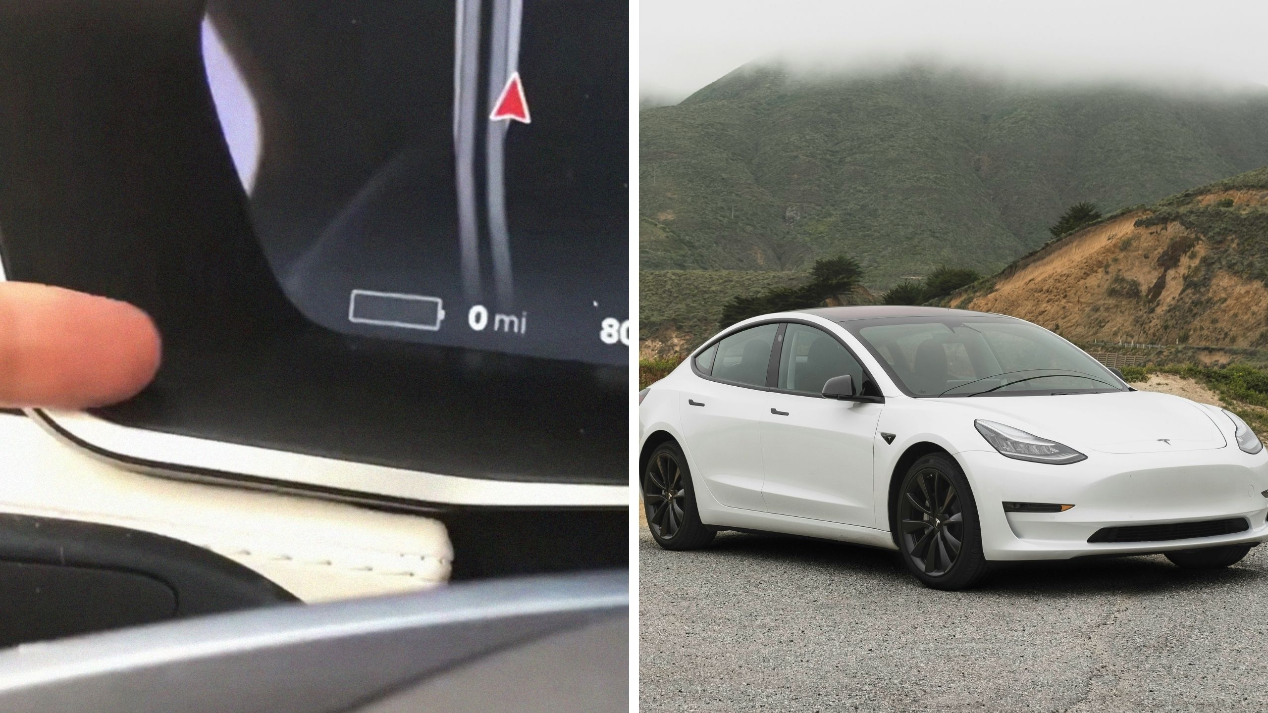 EV driver shares car battery issue (l) white tesla (r)