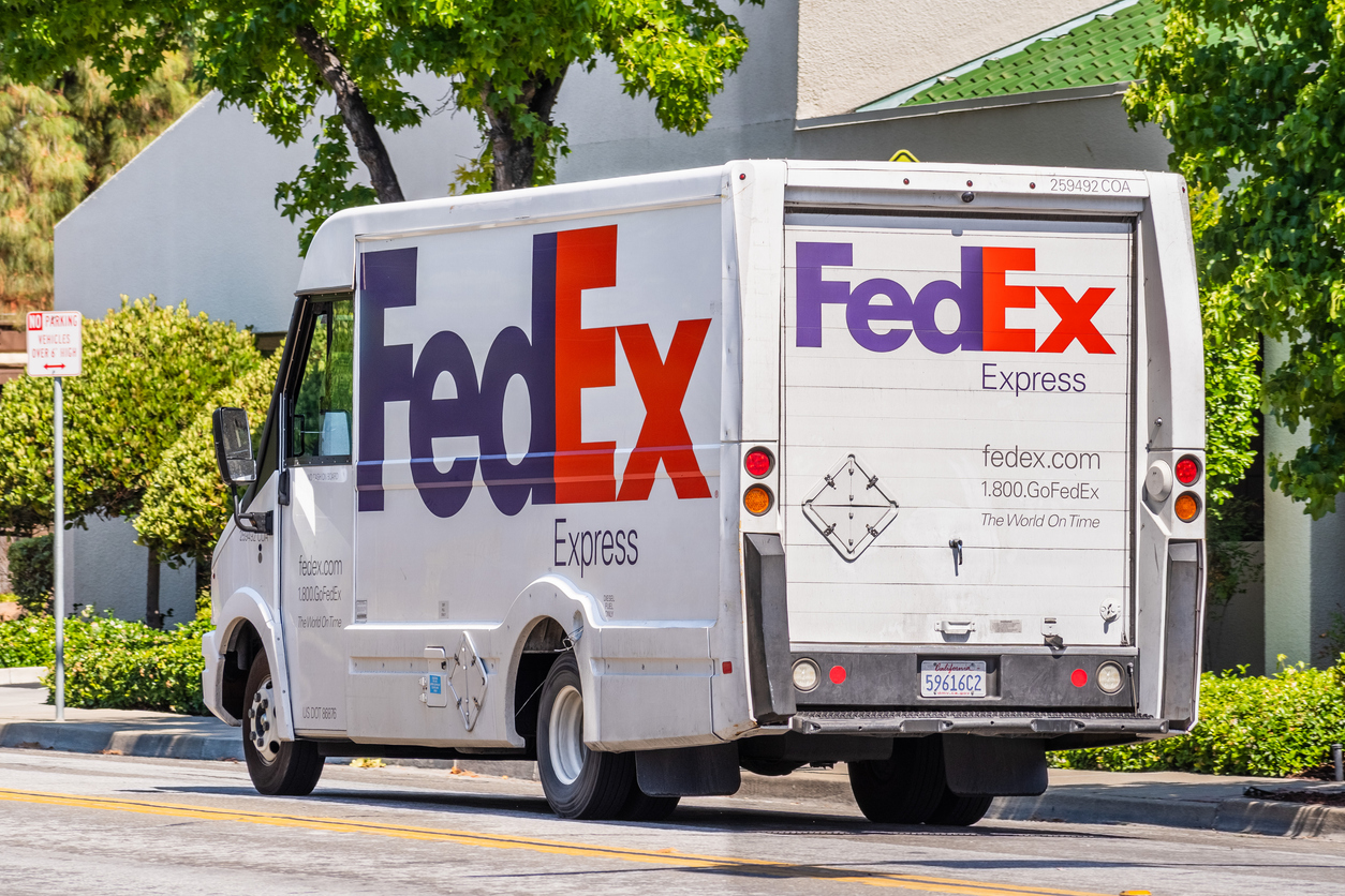 A FedEx truck on the road