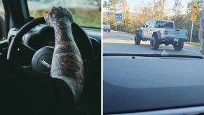 Man driving jeep (l) jeep on the highway (r)